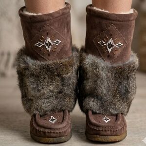 Laurentian Chief Brown Suede Fur Lined Winter Boots Size 5 Moccasin Style